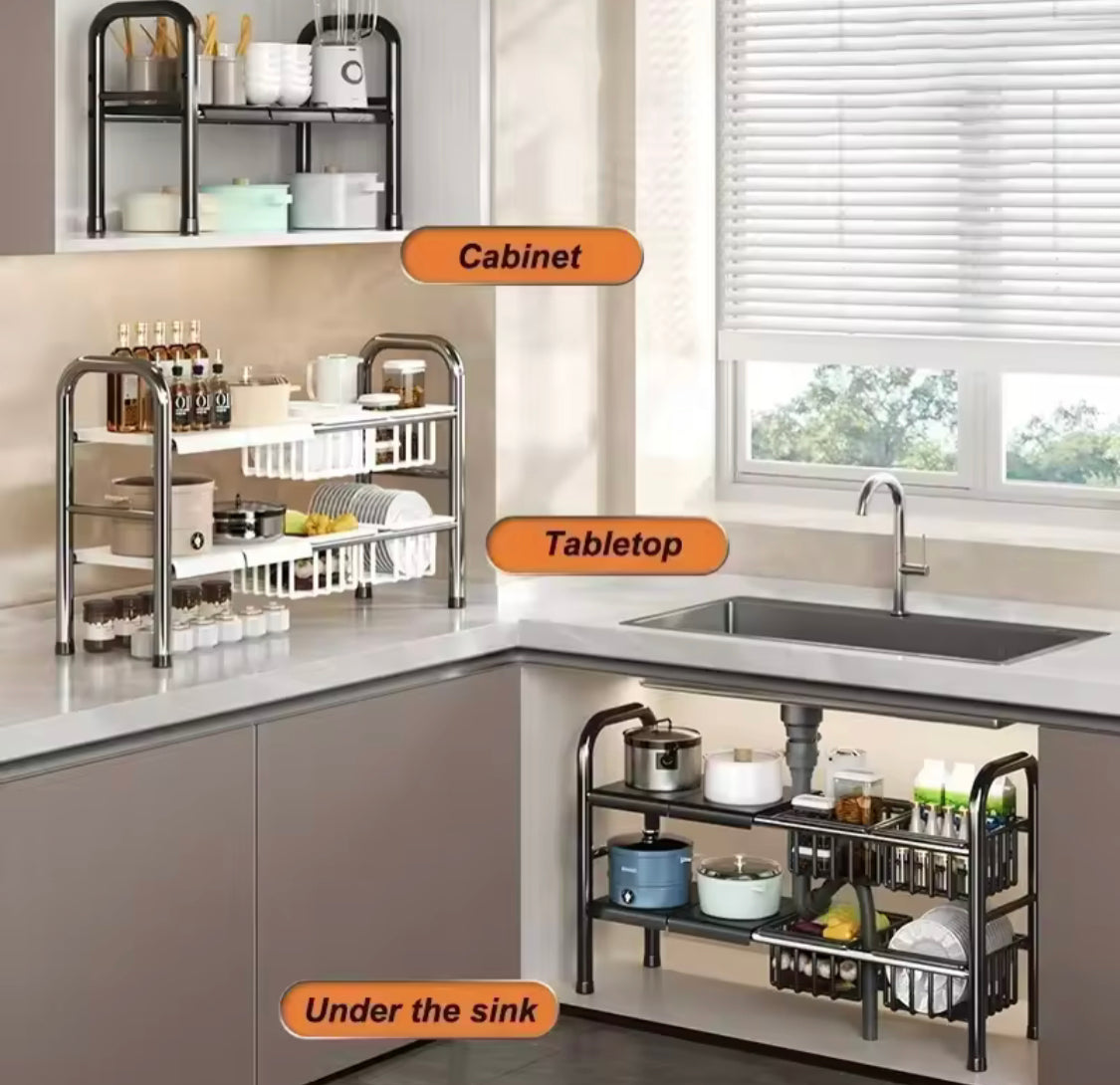 2 Tier Under Sink Organizer, Expandable Cabinet Shelf, Kitchen Under Sink Adjustable Dish Rack, Multifunctional Kitchen Organizer 2 Tier Under Sink Organizer, Expandable Cabinet Shelf, Kitchen Under Sink Adjustable Dish Rack, Multifunctional Kitchen Organizer
